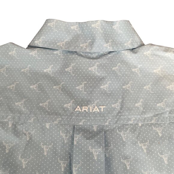 Ariat Mens Long Sleeve Button Up Print Shirt M Light Blue Cattle Skull Western - Picture 7 of 10